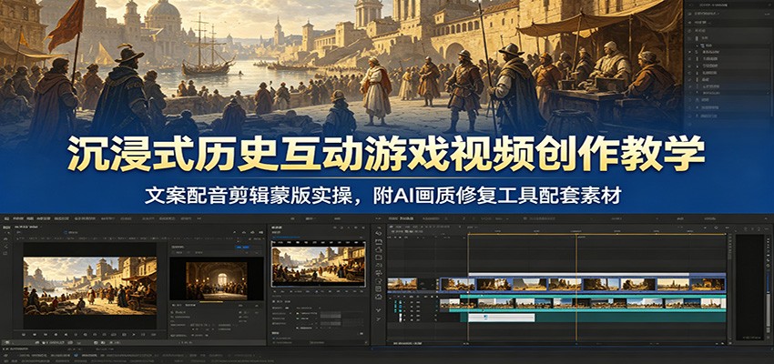 沉浸式历史互动游戏视频创作教学：文案配音剪辑蒙版实操，附AI画质修复工具配套素材-热点1站 - 热点知汇专注网赚项目资源知识聚汇