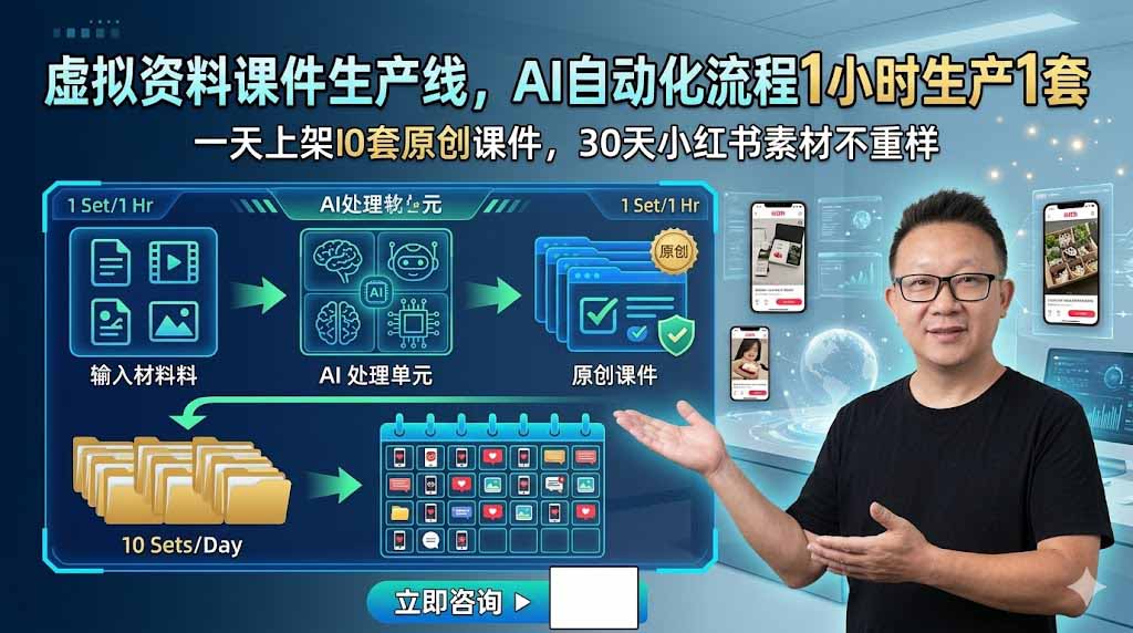 虚拟资料课件生产线，AI自动化流程1小时生产1套，一天上架10套原创课件，30天小红书素材不重样-热点1站 - 热点知汇专注网赚项目资源知识聚汇
