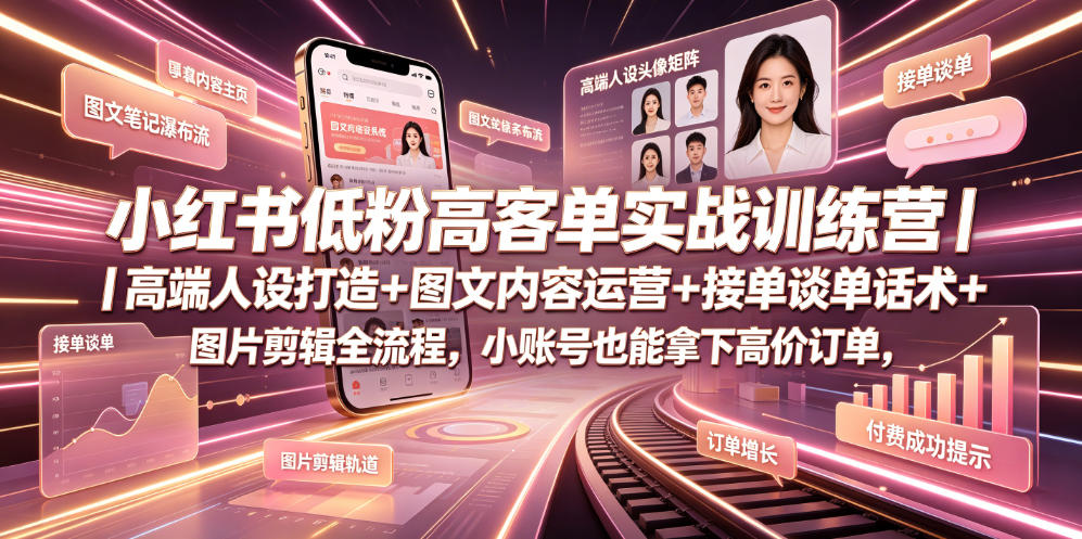 小红书低粉高客单实战训练营｜高端人设打造+图文内容运营+接单谈单话术+图片剪辑全流程，小账号也能拿下高价订单-热点1站 - 热点知汇专注网赚项目资源知识聚汇