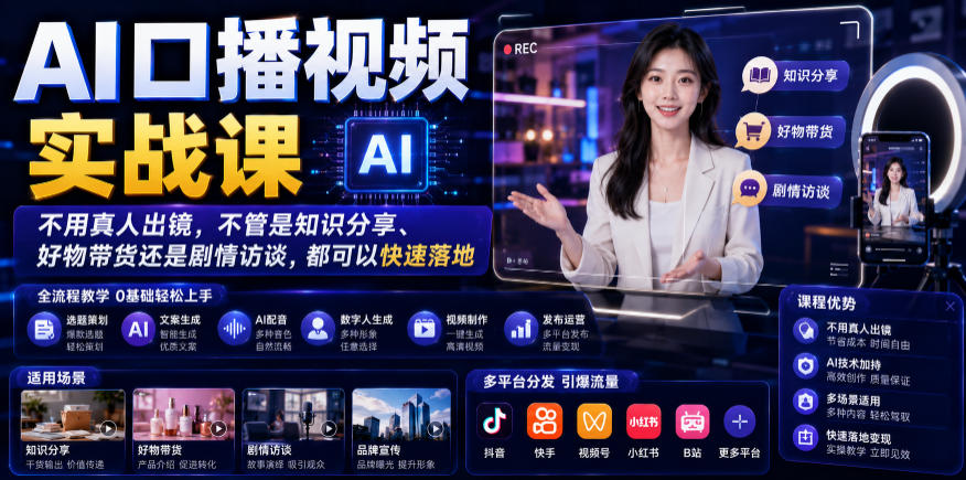 AI口播视频实战课，不用真人出镜，不管是知识分享、好物带货还是剧情访谈，都可以快速落地-热点1站 - 热点知汇专注网赚项目资源知识聚汇