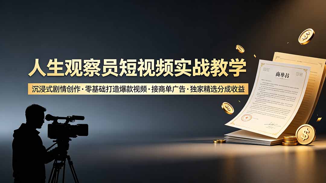 人生观察员短视频实战教学，沉浸式剧情创作，零基础打造爆款视频，接商单广告，独家精选分成收益-热点1站 - 热点知汇专注网赚项目资源知识聚汇