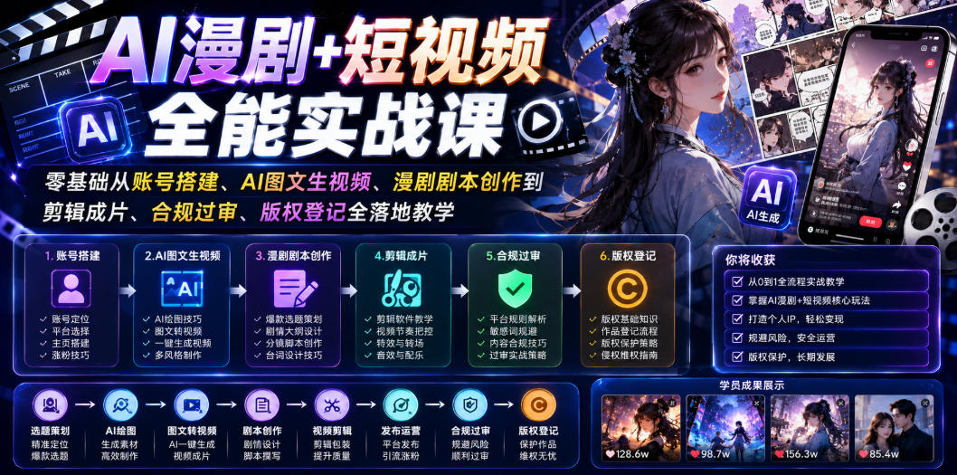 AI漫剧+短视频全能实战课｜零基础从账号搭建、AI图文生视频、漫剧剧本创作到剪辑成片、合规过审、版权登记全落地教学-热点1站 - 热点知汇专注网赚项目资源知识聚汇