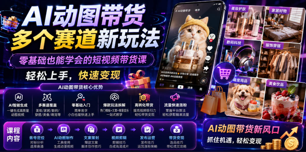 AI动图带货多个赛道新玩法，零基础也能学会的短视频带货课，轻松上手，快速变现-热点1站 - 热点知汇专注网赚项目资源知识聚汇