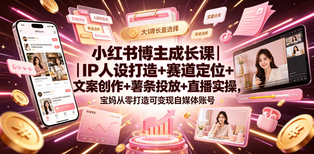 小红书博主成长课｜IP人设打造+赛道定位+文案创作+薯条投放+直播实操，宝妈从零打造可变现自媒体账号-热点1站 - 热点知汇专注网赚项目资源知识聚汇