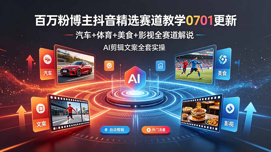 百万粉博主抖音精选赛道教学-0701更新，汽车+体育+美食+影视全赛道解说，AI剪辑文案全套实操-热点1站 - 热点知汇专注网赚项目资源知识聚汇