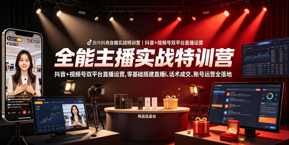 全能主播实战特训营｜抖音+视频号双平台直播运营，零基础搭建直播间、精准选品、话术成交、账号运营全落地-热点1站 - 热点知汇专注网赚项目资源知识聚汇