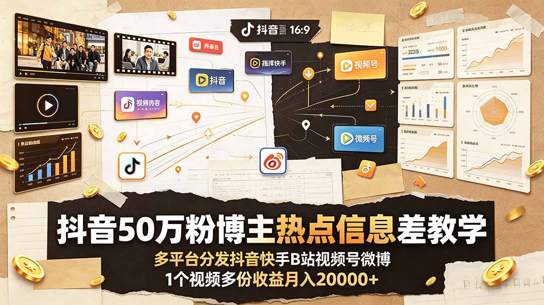 抖音50万粉博主热点信息差教学：多平台分发抖音快手B站视频号微博，1个视频多份收益月入20000+-热点1站 - 热点知汇专注网赚项目资源知识聚汇