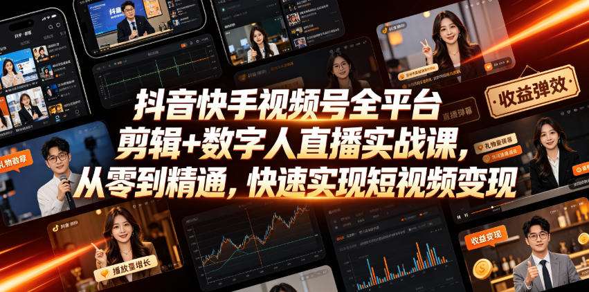 抖音快手视频号全平台剪辑+数字人直播实战课，从零到精通，快速实现短视频变现(更新2026年6月)​-热点1站 - 热点知汇专注网赚项目资源知识聚汇