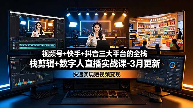 视频号+快手+抖音三大平台的全栈剪辑+数字人直播实战课-3月更新：快速实现短视频变现-热点1站 - 热点知汇专注网赚项目资源知识聚汇