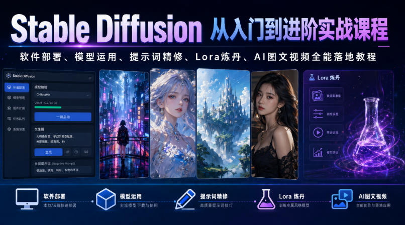 Stable Diffusion从入门到进阶实战课程｜软件部署、模型运用、提示词精修、Lora炼丹、AI图文视频全能落地教程-热点1站 - 热点知汇专注网赚项目资源知识聚汇