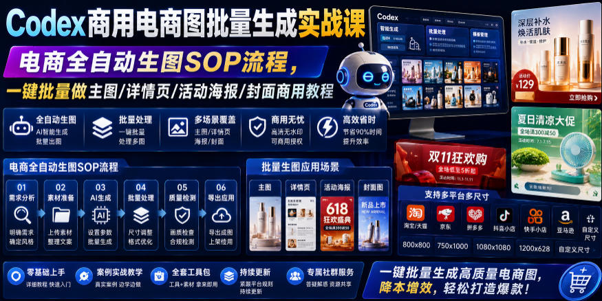 Codex商用电商图批量生成实战课｜电商全自动生图SOP流程，一键批量做主图/详情页/活动海报/封面商用教程-热点1站 - 热点知汇专注网赚项目资源知识聚汇
