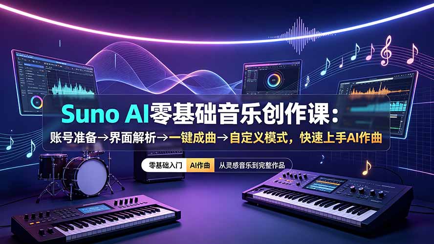 Suno AI零基础音乐创作课:账号准备→界面解析→一键成曲→自定义模式,快速上手AI作曲-热点1站 - 热点知汇专注网赚项目资源知识聚汇