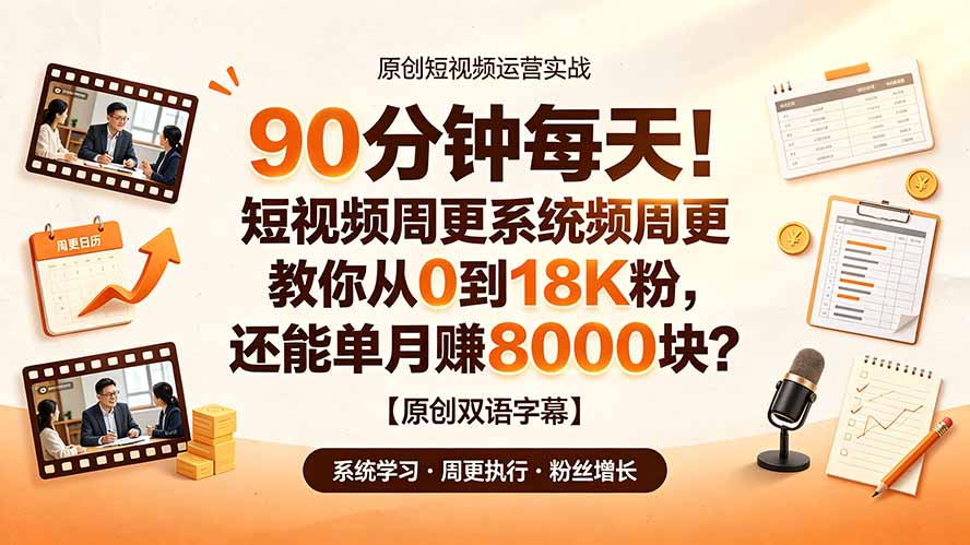 90 分钟每天！短视频周更系统教你从 0 到 18K 粉，还能单月赚 8000 块？【原创双语字幕】-热点1站 - 热点知汇专注网赚项目资源知识聚汇