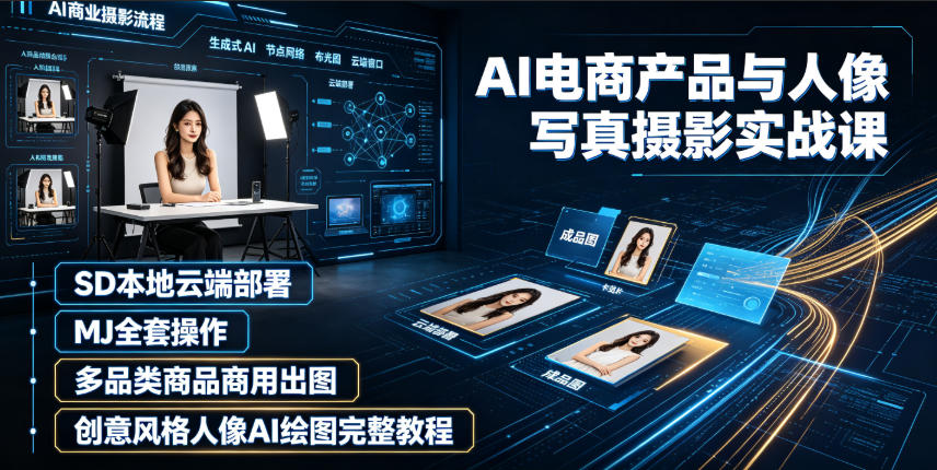 AI电商产品与人像写真摄影实战课|SD本地云端部署、MJ全套操作、多品类商品商用出图、创意风格人像AI绘图完整教程-热点1站 - 热点知汇专注网赚项目资源知识聚汇