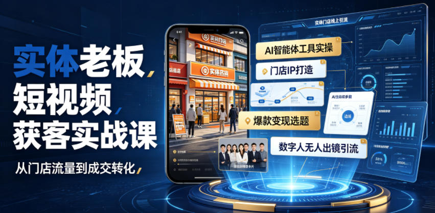 实体老板短视频获客实战课|AI智能体工具全套实操、门店IP打造、爆款变现选题、数字人无人出镜引流完整教程-热点1站 - 热点知汇专注网赚项目资源知识聚汇