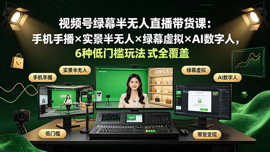 视频号绿幕半无人直播带货课：手机手播×实景半无人×绿幕虚拟×AI数字人，6种低门槛玩法全覆盖-热点1站 - 热点知汇专注网赚项目资源知识聚汇