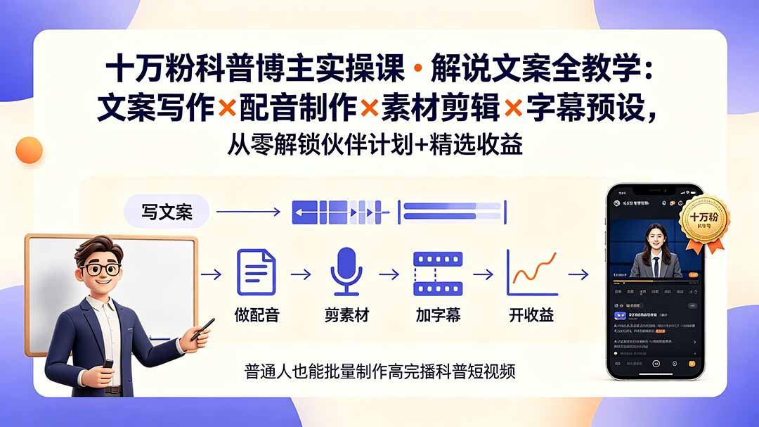10万粉科普博主实操课-解说文案全教学：文案写作×配音制作×素材剪辑×字幕预设，从零解锁伙伴计划+精选收益-热点1站 - 热点知汇专注网赚项目资源知识聚汇