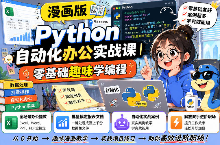 漫画版Python自动化办公实战课｜零基础趣味学编程，全场景办公提效、批量搞定报表文档、解放双手进阶职场-热点1站 - 热点知汇专注网赚项目资源知识聚汇