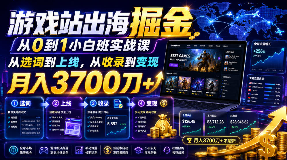 游戏站出海掘金从0到1小白实战课，从选词到上线，从收录到变现，月入3700刀+-热点1站 - 热点知汇专注网赚项目资源知识聚汇