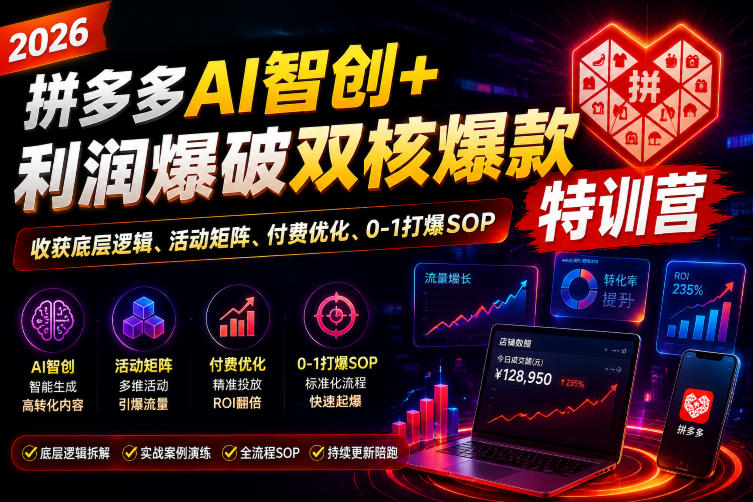 2026拼多多AI智创+利润爆破双核爆款特训营，收获底层逻辑、活动矩阵、付费优化、0-1打爆SOP-热点1站 - 热点知汇专注网赚项目资源知识聚汇