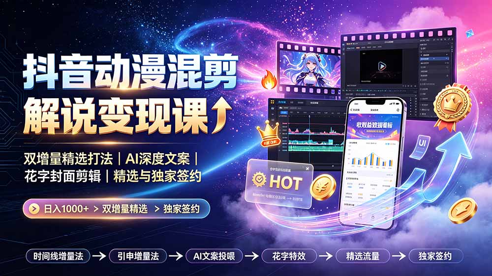 抖音动漫混剪解说变现课：双增量精选打法｜AI深度文案｜花字封面剪辑｜ 精选与独家签约日入1000+-热点1站 - 热点知汇专注网赚项目资源知识聚汇