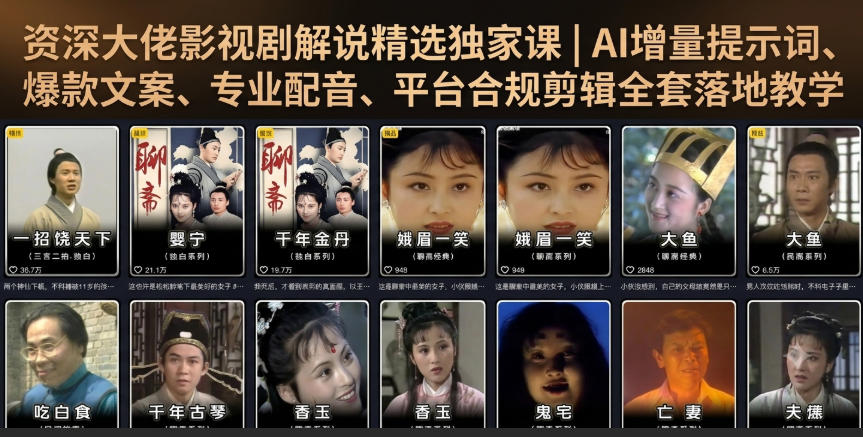 资深大佬影视剧解说精选独家课｜AI增量提示词、爆款文案、专业配音、平台合规剪辑全套落地教学-热点1站 - 热点知汇专注网赚项目资源知识聚汇