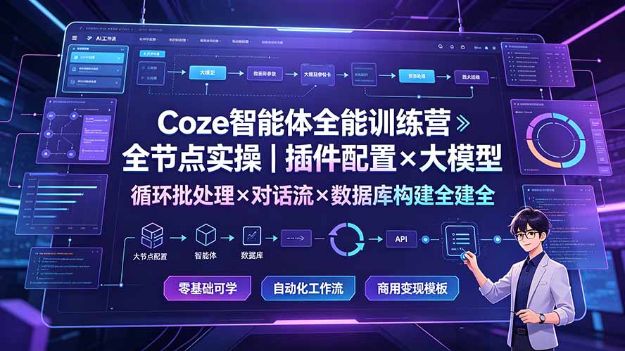Coze智能体全能训练营:全节点实操|插件配置×大模型×循环批处理×对话流×数据库构建全教学-热点1站 - 热点知汇专注网赚项目资源知识聚汇