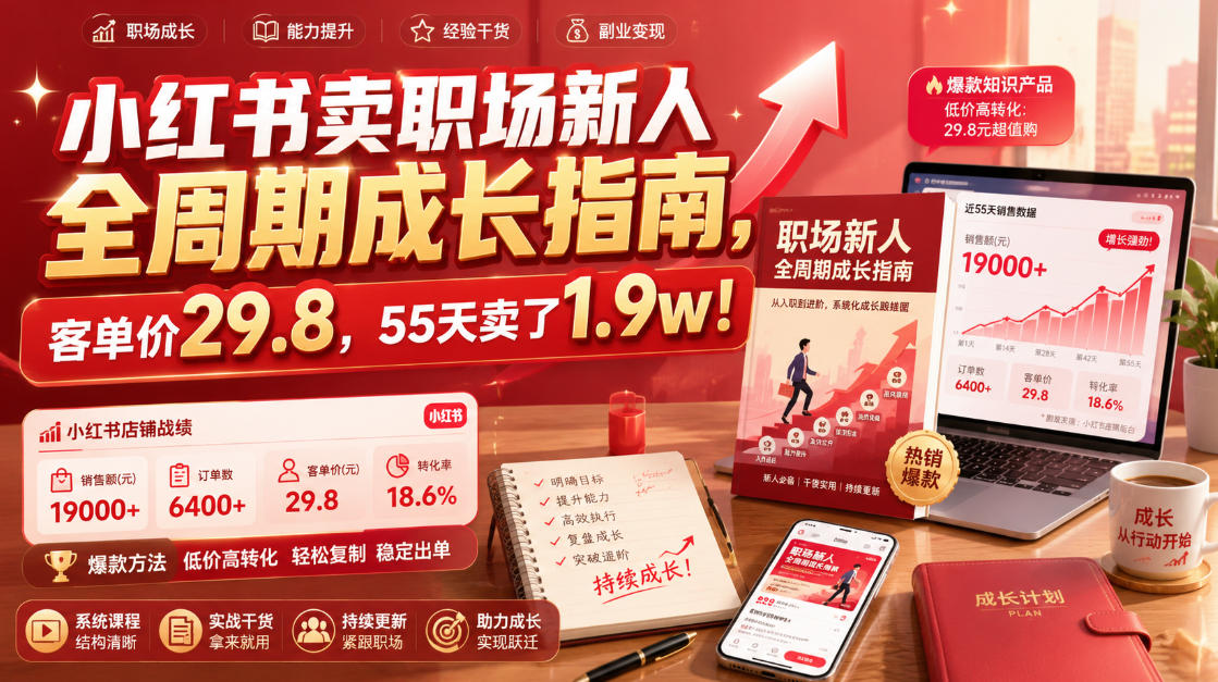 小红书卖职场新人全周期成长指南，客单价29.8，55天卖了1.9w！-热点1站 - 热点知汇专注网赚项目资源知识聚汇