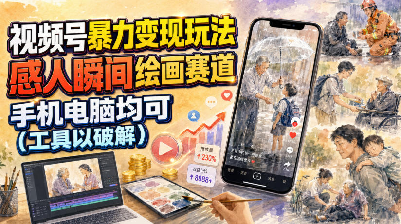视频号暴力变现玩法，感人瞬间绘画赛道，手机电脑均可-热点1站 - 热点知汇专注网赚项目资源知识聚汇