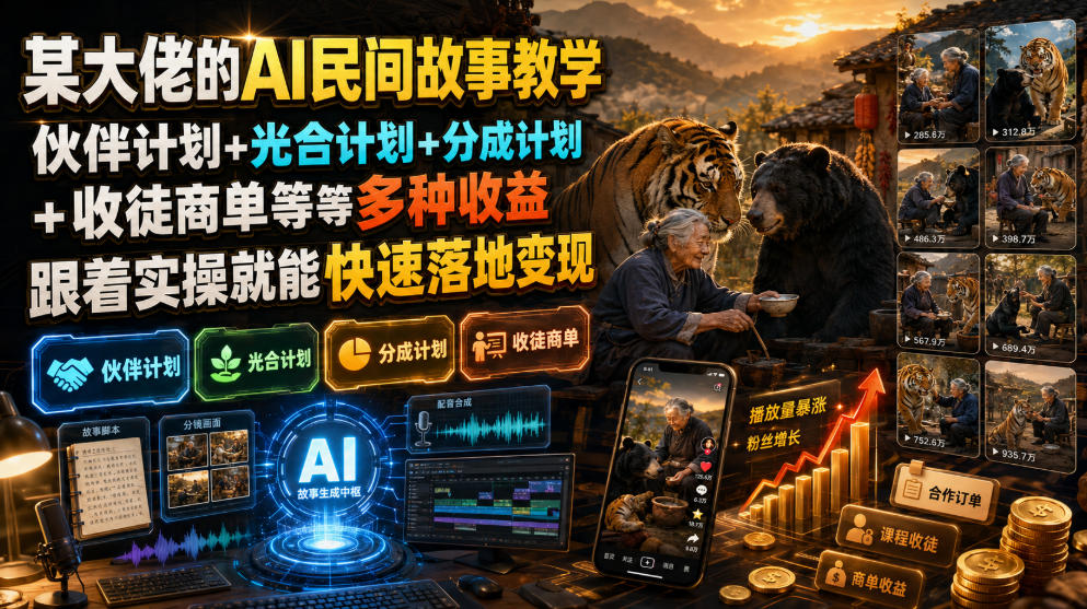 某大佬的AI民间故事教学，伙伴计划+光合计划+分成计划+收徒商单等多种收益，跟着实操就能快速落地变现-热点1站 - 热点知汇专注网赚项目资源知识聚汇