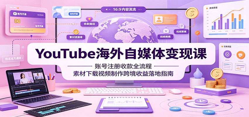 YouTube海外自媒体变现课：账号注册收款全流程，素材下载视频制作跨境收益落地指南-热点1站 - 热点知汇专注网赚项目资源知识聚汇