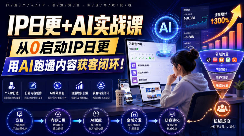 IP日更+AI实战课，从0启动IP日更，IP置顶视频制作+100条选题库搭建+10条日更规划，用AI跑通内容获客闭环!-热点1站 - 热点知汇专注网赚项目资源知识聚汇