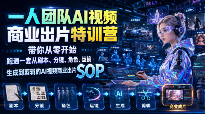 一人团队AI视频商业出片实战课：带你从零开始跑通一套从剧本、分镜、角色、运镜、生成到剪辑的AI视频商业出片SOP-热点1站 - 热点知汇专注网赚项目资源知识聚汇