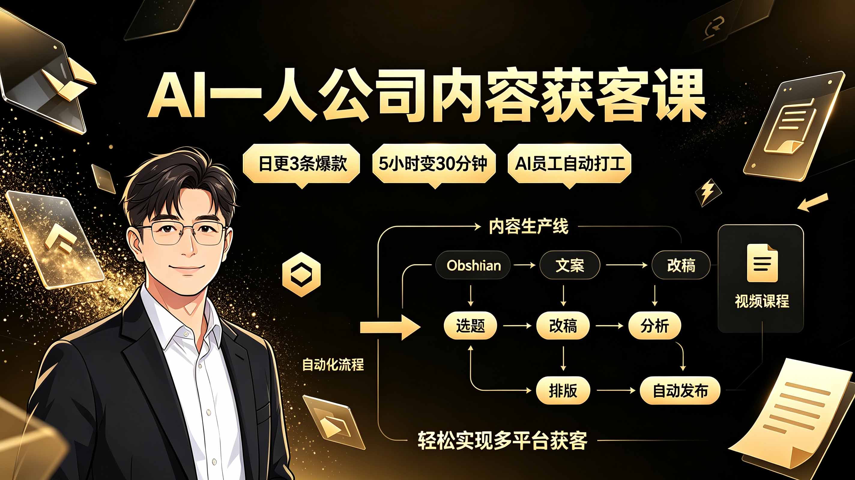 AI一人公司内容获客课：日更3条爆款×5小时变30分钟×AI员工自动打工，轻松实现多平台获客-热点1站 - 热点知汇专注网赚项目资源知识聚汇