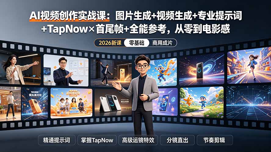 AI视频创作实战课：图片生成+视频生成+专业提示词+TapNow×首尾帧+全能参考，从零到电影感成片-热点1站 - 热点知汇专注网赚项目资源知识聚汇