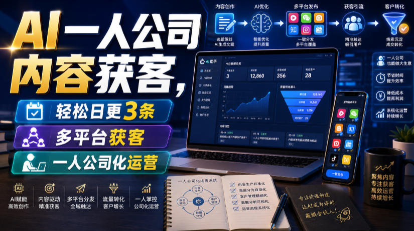 AI一人公司内容获客，轻松日更3条，多平台获客，一人公司化运营-热点1站 - 热点知汇专注网赚项目资源知识聚汇