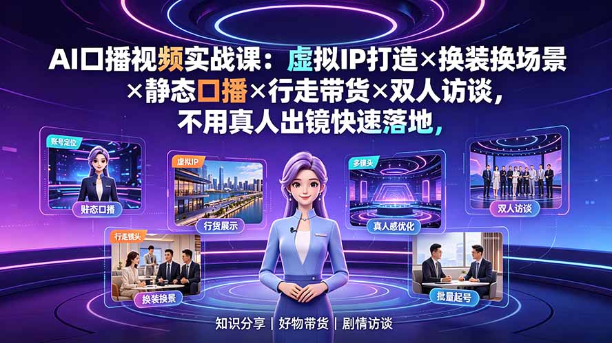 AI口播视频实战课：虚拟IP打造×换装换场景×静态口播×行走带货×双人访谈，不用真人出镜快速落地-热点1站 - 热点知汇专注网赚项目资源知识聚汇