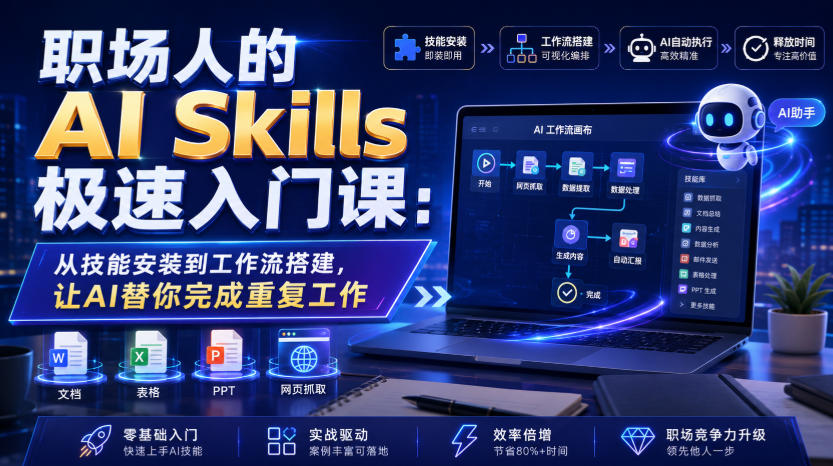 职场人的AI Skills极速入门课：从技能安装到工作流搭建，让AI替你完成重复工作-热点1站 - 热点知汇专注网赚项目资源知识聚汇